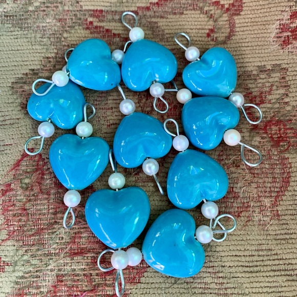 Blue Glazed Ceramic Porcelain Hearts & Pearl Beads W Metal Links (lot 10 links) - Picture 8 of 11
